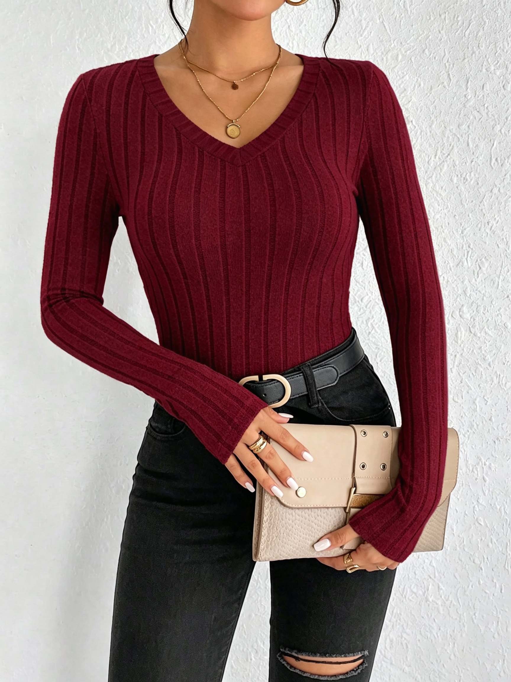 Women Solid V‑Neck Ribbed Knit - Golf Tees 评论和价格